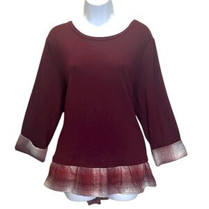 Kaktus Women’s Tops Size Large Burgundy Blouse with Plaid Accents Crew Neck